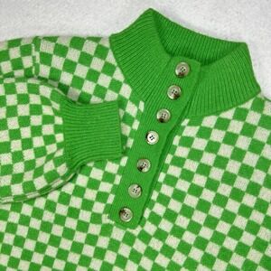 FRNCH Paris Green Checkerboard Knit Sweater Button Mock Neck Retro Mod Medium